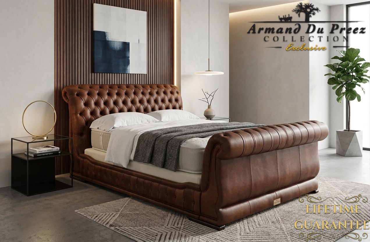 Rustic genuine leather Chesterfield sleigh bed Queen XL